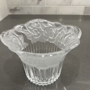 Vintage Glass Rose Bowl Frosted Rose Design Candy Dish DWK Great For Valentine's